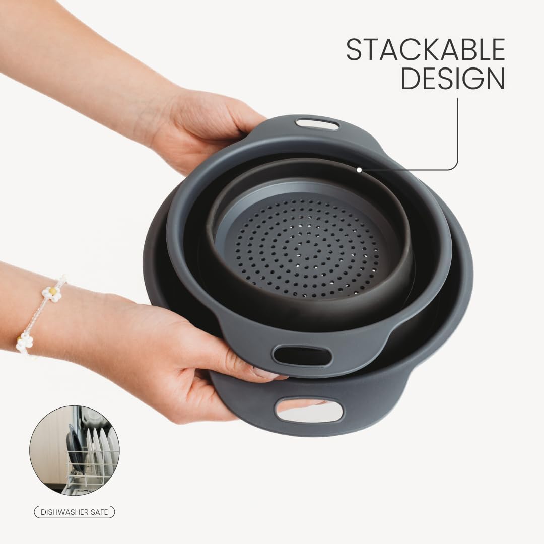Collapsible Colander | 2-Pack Black Collapsible Strainer for Pasta, Fruits, & Vegetables | Compact Silicone Strainer Ideal for Straining all Sorts of Foods | Strainer for Everyday Use Medium
