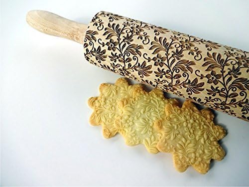 FLORAL WREATH Embossing Rolling Pin with Flowers Pattern. Dough and Clay Roller for Embossed Cookies and Pottery. Cookie and Ceramic Stamp. Backing Gifts for Women by Algis Crafts