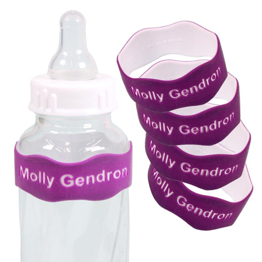InchBug Orbit Labels - Baby Bottle Name Labels for Daycare, Sippy Cup Bands - Engraved Silicone, Reusable, Dishwasher Safe, White Contrasting Personalization, 4-Pack (Grape Juice)