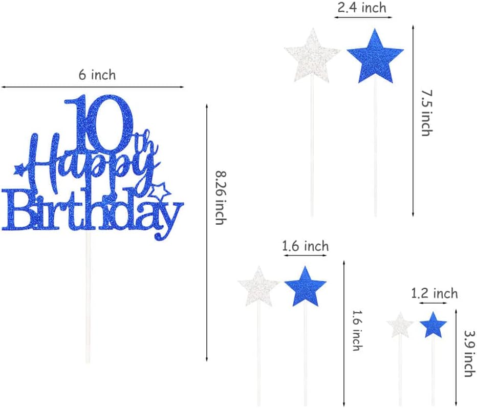 Glittery 10th Cake Topper with Star Boys and Girls 10th Birthday Party Supplies, Ten Years Old Birthday Party Decorations Royal Blue
