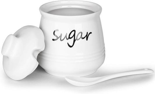 HAOTOP 12oz Sugar Bowl with Lid and Spoon,Ceramic Sugar Jar Sugar Dispenser Sugar Container Coffee Bar Accessories, Kitchen Countertop Canisters, White