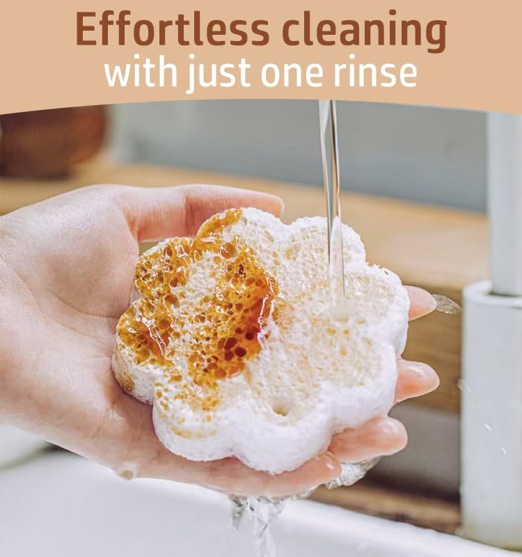 Flower-Shaped Wood Pulp Sponge Scrubber, sponges Kitchen– Dual-Sided Natural Dish Sponge,sponges for Dishes, Eco-Friendly, Quick-Drying, Gentle on Non-Stick Pans (8.5×1.8cm) (10pcs)