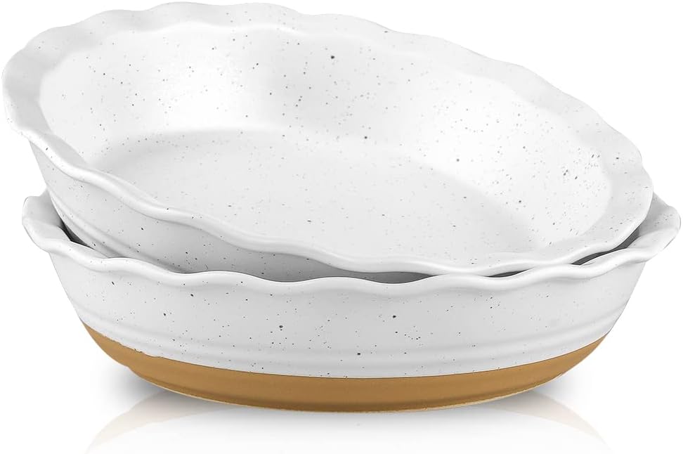 HVH 10 inch Pie Pan for Baking, Ceramic Pie Dish, Deep Dish Pie Plate for Dessert Kitchen, Deep Dish Pie Pan with Fluted Edge, Set of 2, Farmhouse Style (White)
