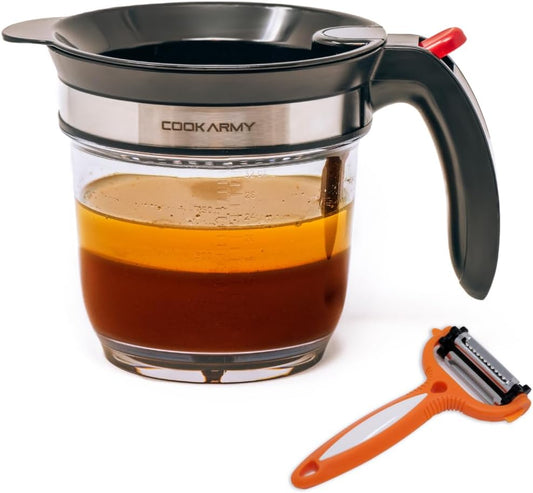 Fat Separator with Bottom Release – 4 Cup Gravy Separator for Cooking with Oil Strainer, Kitchen Grease Separator -the perfect Kitchen Gadget plus a 3-1 Multifunctional Vegetable Peeler