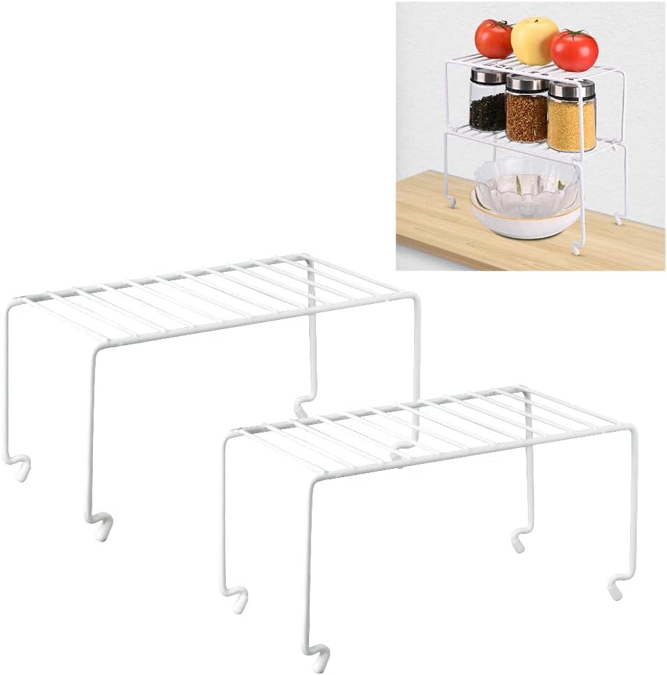 2-Pack Small (10.8x5.3inch) White Stackable Shelf Organizer Rack, Kitchen Shelves Organization for Cabinet, Pantry Organizers and Storage, Wire Shelf Rack, Desk Organizer, Rustproof