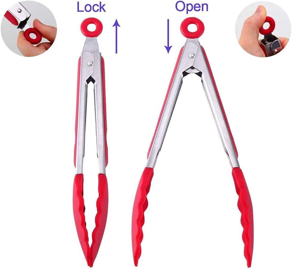 4 Pack Red Kitchen Tongs, Premium Silicone BPA Free Non-Stick Stainless Steel BBQ Cooking Grilling Locking Food Tongs, 9-Inch & 12-Inch
