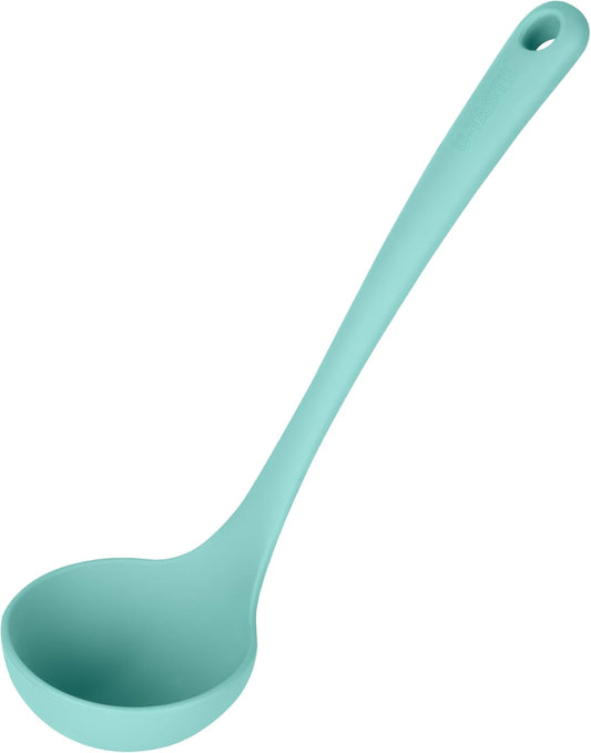 2.6oz Small Silicone Soup Ladle: U-Taste 600ºF Heat Resistant Non-Stick Kitchen Deep Serving Spoon, Soft Cooking Utensil with Non-Slip Solid Handle for Mixing Sauce Stew Gravy (11in, Aqua Sky)