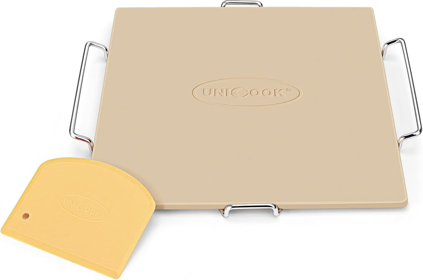 Unicook 12 Inch Square Pizza Stone for Oven and Grill, Oven Baking Stone for Bread, Cordierite Pizza Pan for Baking Crispy Bread, Pie and Cookies, Includes Carry Rack and Dough Scraper