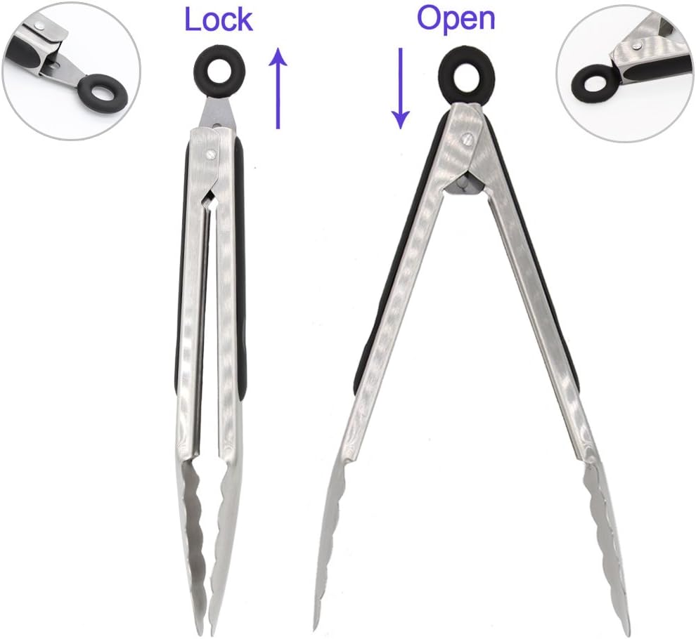 304 Stainless Steel Kitchen Cooking Tongs, 9" and 12" Set of 2 Sturdy Grilling Barbeque Brushed Locking Food Tongs with Ergonomic Grip, Black