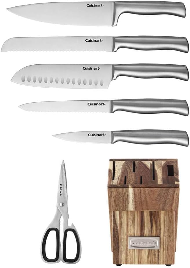 Cuisinart C77SS-7P Stainless Steel 7-Piece Prep Knife Set Acacia Block Precision Cut Blades, Ergonomic Handles