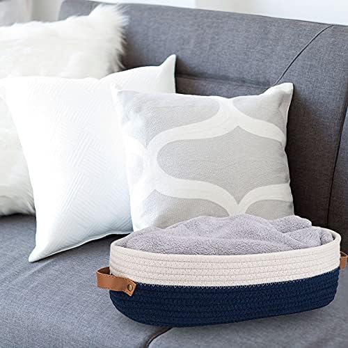 Toilet Basket,Woven Storage Basket for Toilet Tank Top Farmhouse Home Decor Organizing Baskets 13"x5.9"x4" Navy Stitching White