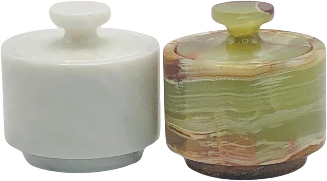 Premium Marble Salt Cellar with Lid 2 Pack | 3.5 oz Kitchen Storage Container | Elegant Cooking Salt Box | Spice Jar Keeper for Counter (White Green)