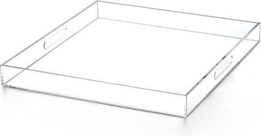 Extra Large Clear Modern Acrylic Ottoman Tray with Cutout Handles 22x22 Inch Over-Sized Serving Tray Organizer Boot Tray Decorative Tray for Living Room Bedroom Entryway and Kitchen Tabletop