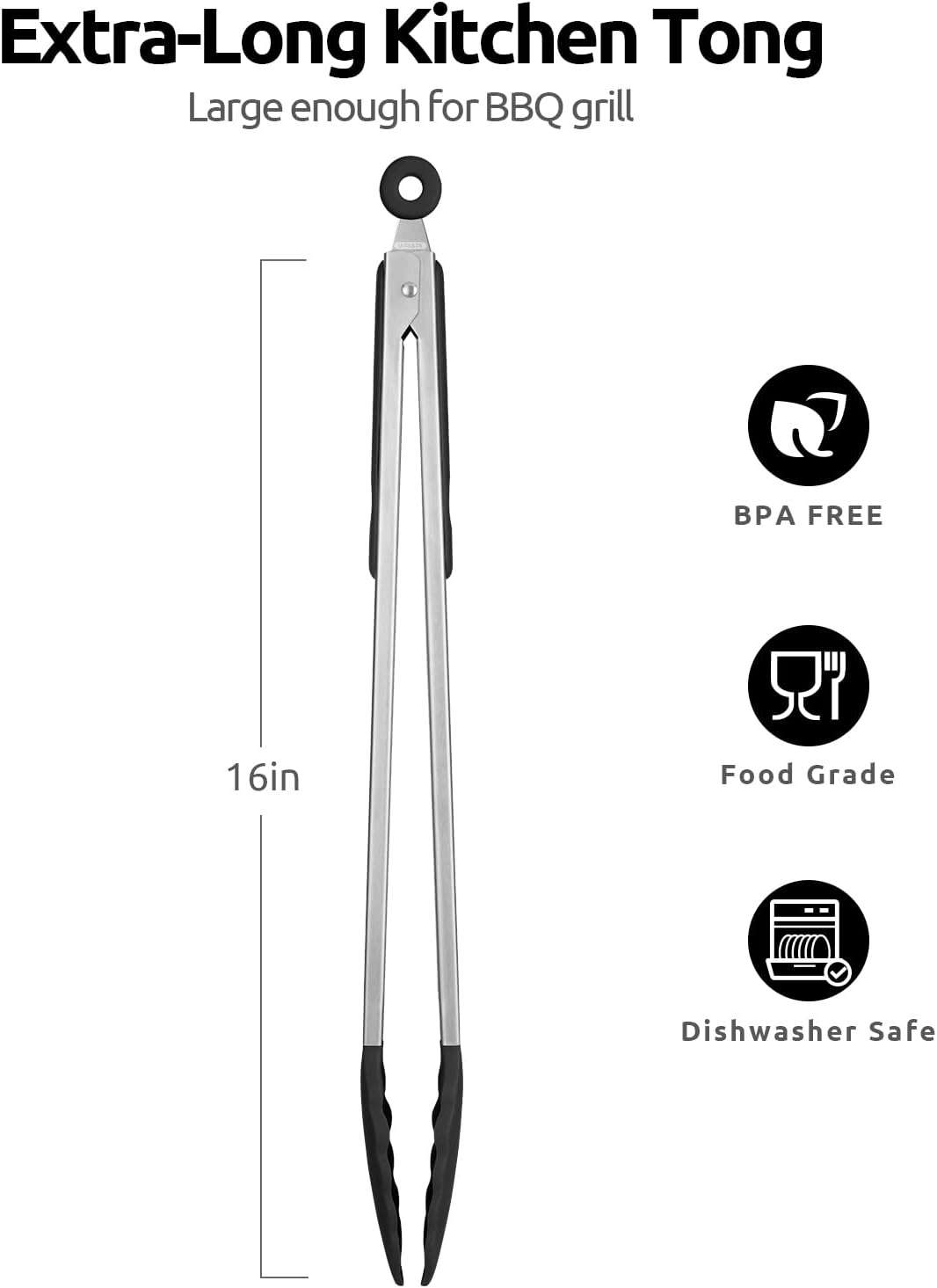 600ºF Heat Resistant Kitchen Tongs: U-Taste 16 inch Extra Long Large Silicone Cooking Tong with Sturdy Non Stick Rubber Tips & Non Slip Silicon Coated 18/8 Stainless Steel Handle for Grill BBQ (Black)