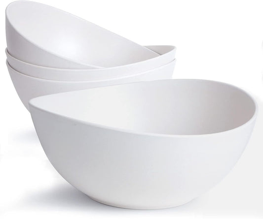 9.6'' Serving Bowls, 84oz Bamboo Fiber Salad Bowl Set of 4, Deep Serving Bowls Set, Large Oval Individual Bowls for Eating Salad/Pasta/Cereal/Pho, Ideal for Home & Restaurant (Matte White)