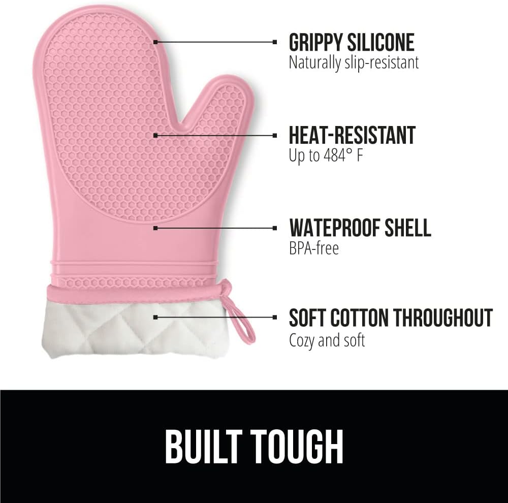GORILLA GRIP BPA-Free Soft Silicone Oven Mitts, 14.5x8.3, Heat Resistant and Waterproof Cooking Gloves, Thick Cotton Lining, Flexible Gripping for Baking Grilling, Kitchen Potholders Set of 2, Pink