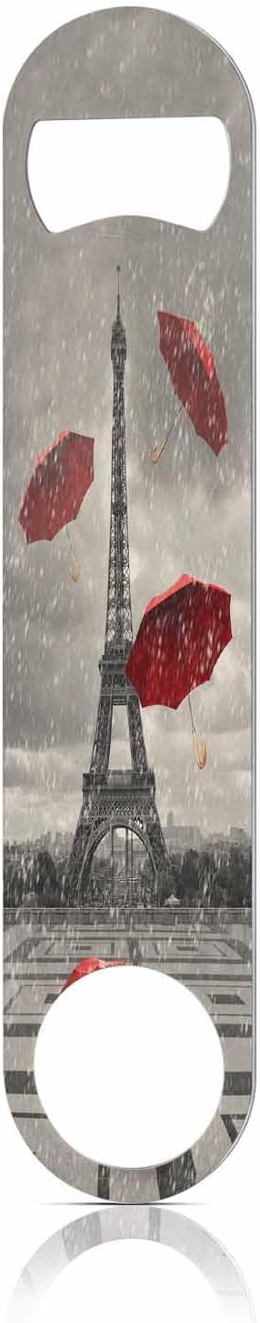 Eiffel Tower Stainless Steel Bottle Opener Raining Day Red Umbrella Black and White Street Romantic Scenic Flat Beer Bottle Opener Keychain for Home Kitchen Bar Restaurant Party Birthday Gift