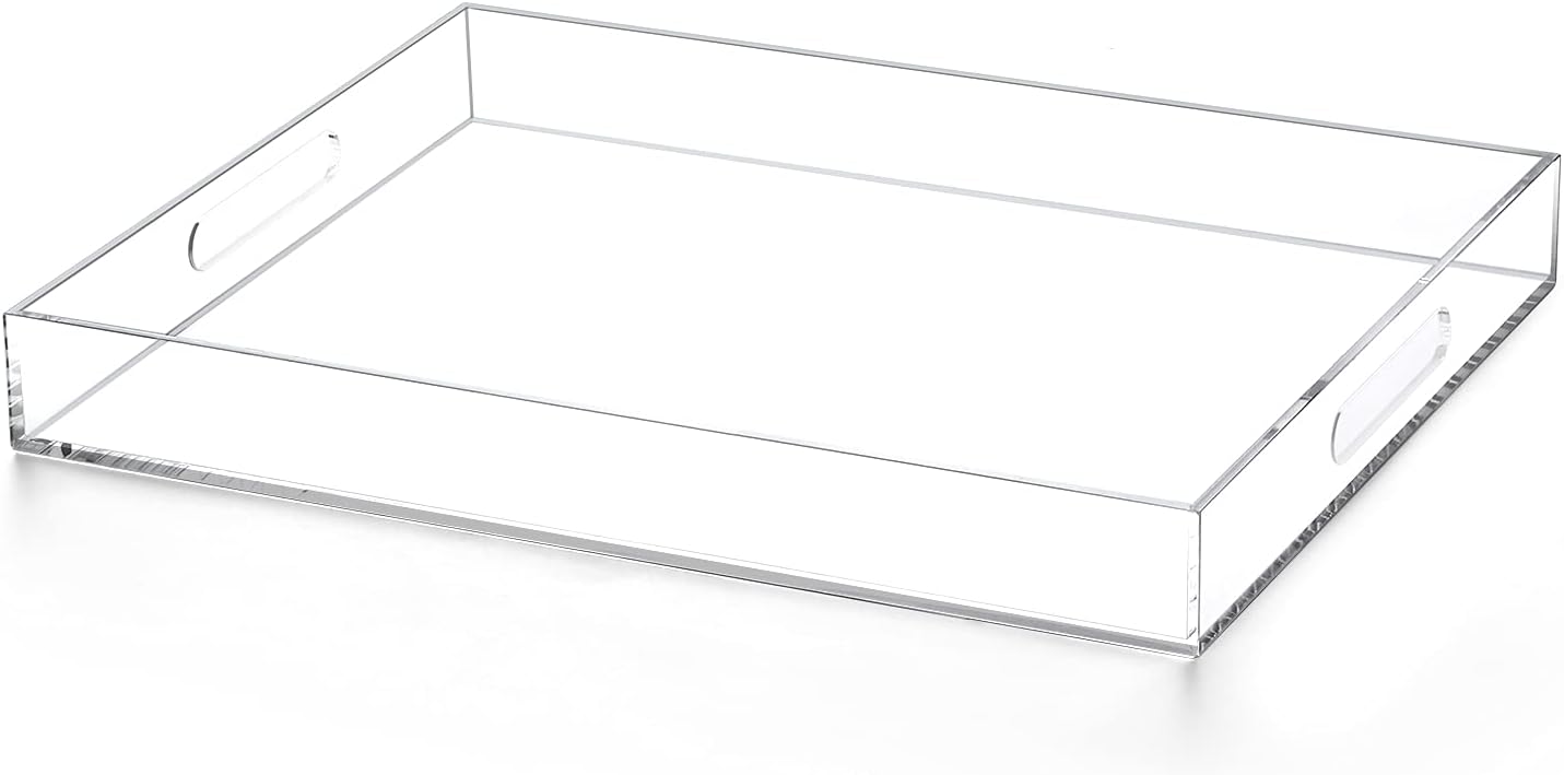 Modern Acrylic Ottoman Tray with Cutout Handles, Acrylic Serving, Organizer Decorative for Living Room, Bedroom,Bathroom and Kitchen Tabletop (Clear, 11x14 Inch)