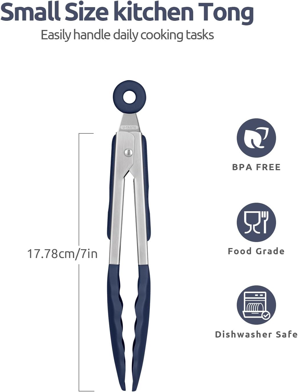 600ºF Heat Proof Kitchen Tong: U-Taste 7" Silicone Cooking Tong with Firm Sealed Non Stick Rubber Tips & Silicon Coated 18/8 Stainless Steel Handle & Smooth Locking for Serving Salad (Midnight Blue)