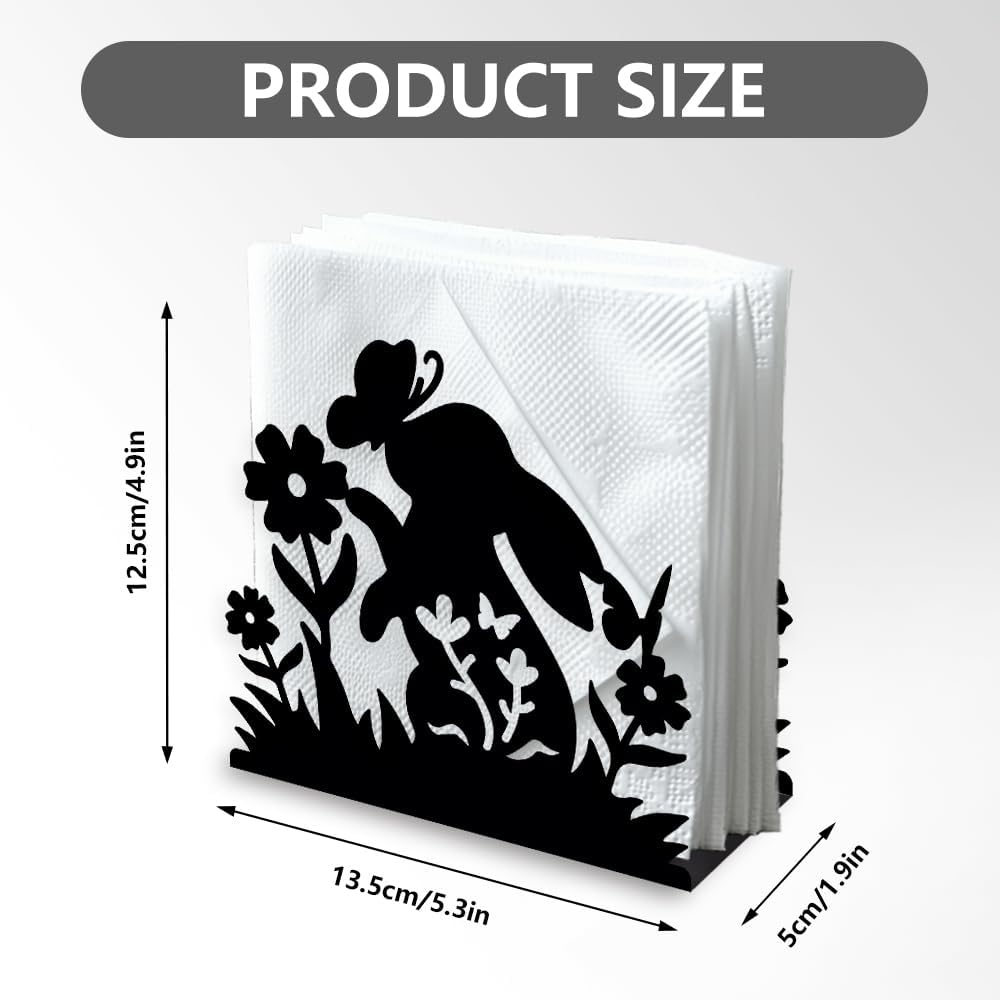 Rabbit Flower Decorative Black Metal Napkin Holder for Table, 5.3" x 4.9" x 1.9" Bunny Butterfly Animal Standing Napkin Holder for Home Kitchen Restaurant Picnic Party Coffee Bar Dining Room