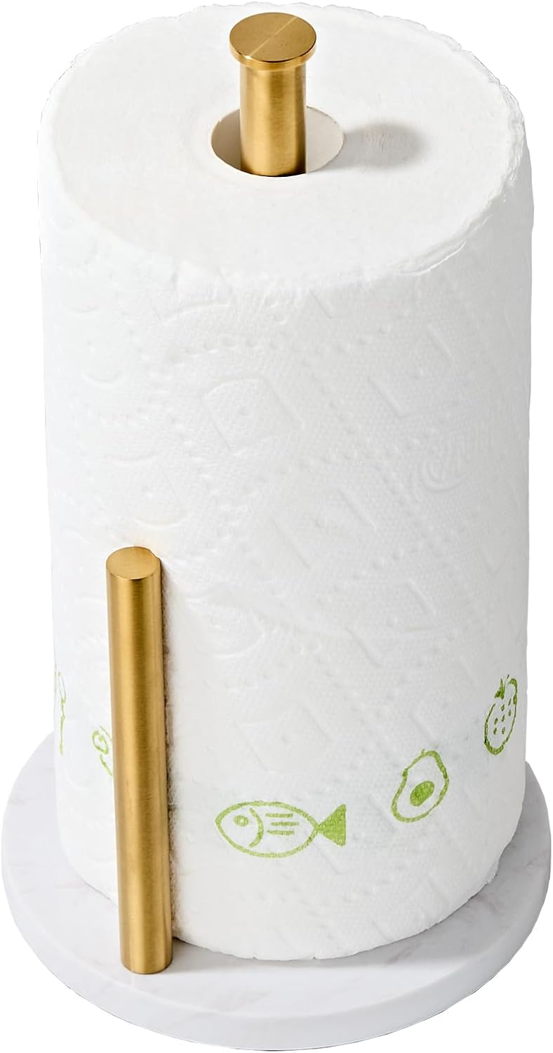 Brushed Gold Paper Towel Holder,Stainless Steel Paper Towel Holder for Kitchen Roll Organize, Standard or Jumbo-Sized Roll Paper, Countertop Roll Dispenser with Marble Base