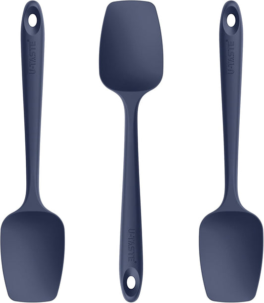 U-Taste Silicone Spoon Spatula Set: 480ºF Heat Resistant Food Grade Flexible Rubber Spoonula, Nonstick Cooking Mixing Scooping Kitchen Baking Scraper Utensils Set of 3 for Pan, Bowl (Midnight Blue)