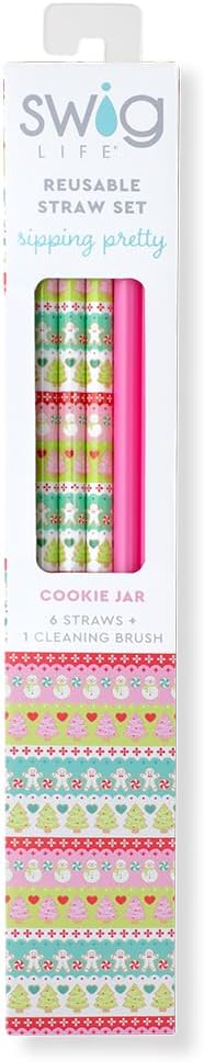 Swig Life Reusable Straws Cookie Jar + Pink Tall Straw Set & Cleaning Brush, Each Straw is 10.25 inch Long (Fits Swig Life 20oz Tumblers, 22oz, and 32oz Tumblers)