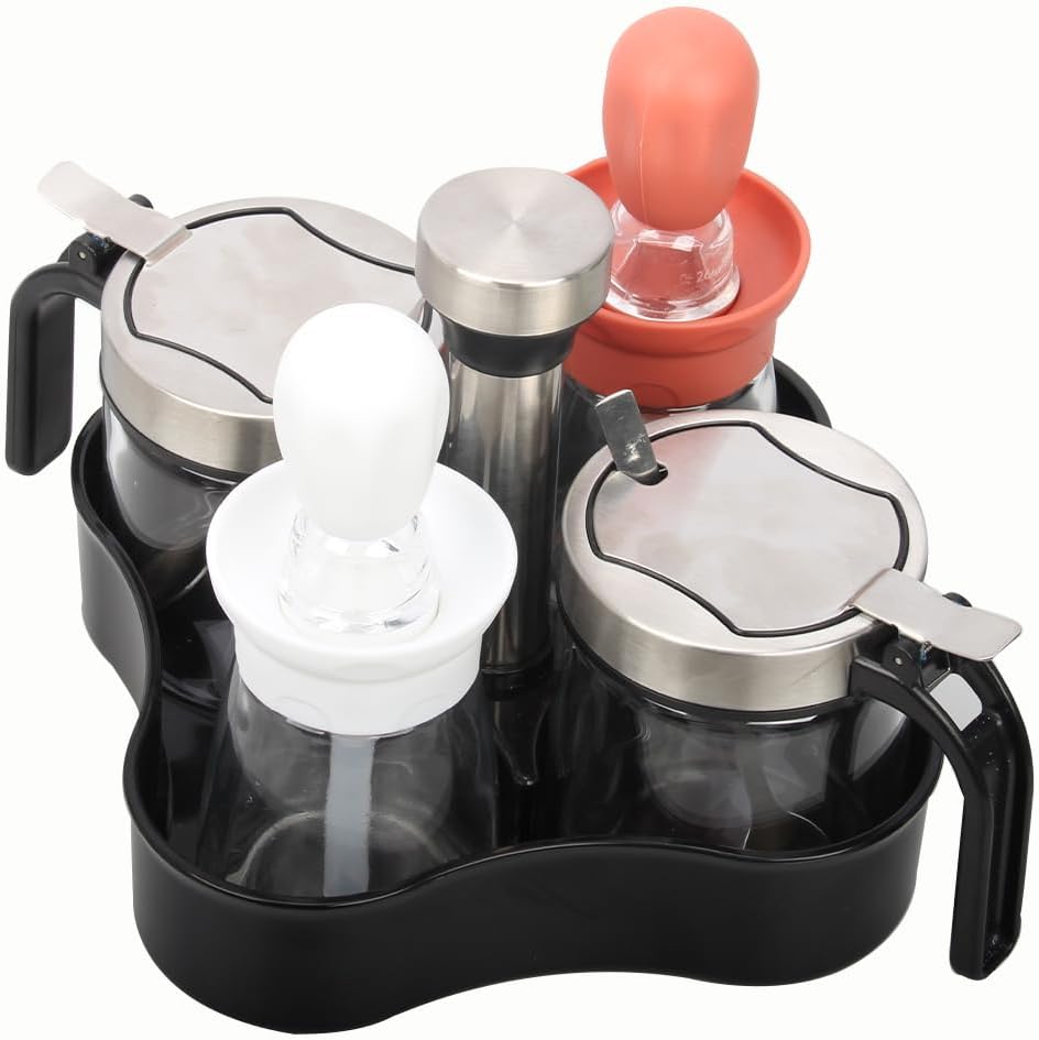 TINMIX Revolving Condiment Pots Sugar Bowl Salt & Pepper Cellar with Lid and Spoon, Set of 4 Seasoning Box Spice Jar with 360 Rotating Tray for Kitchen, 2 Pots+2 Oil Dispenser Bottles
