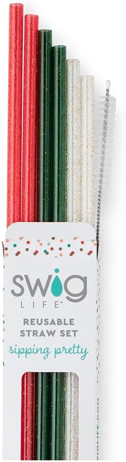 Swig Life Reusable Straws Christmas Glitter Tall Straw Set & Cleaning Brush, Each Straw is 10.25 inch Long (Fits Swig Life 20oz Tumblers, 22oz, and 32oz Tumblers)