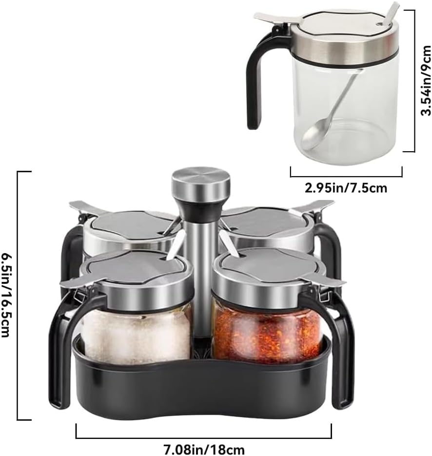 TINMIX Revolving Condiment Pots Sugar Bowl Salt & Pepper Cellar with Lid and Spoon, Set of 4 Seasoning Box Spice Jar with 360 Rotating Holder Tray for Kitchen, 4 Pots