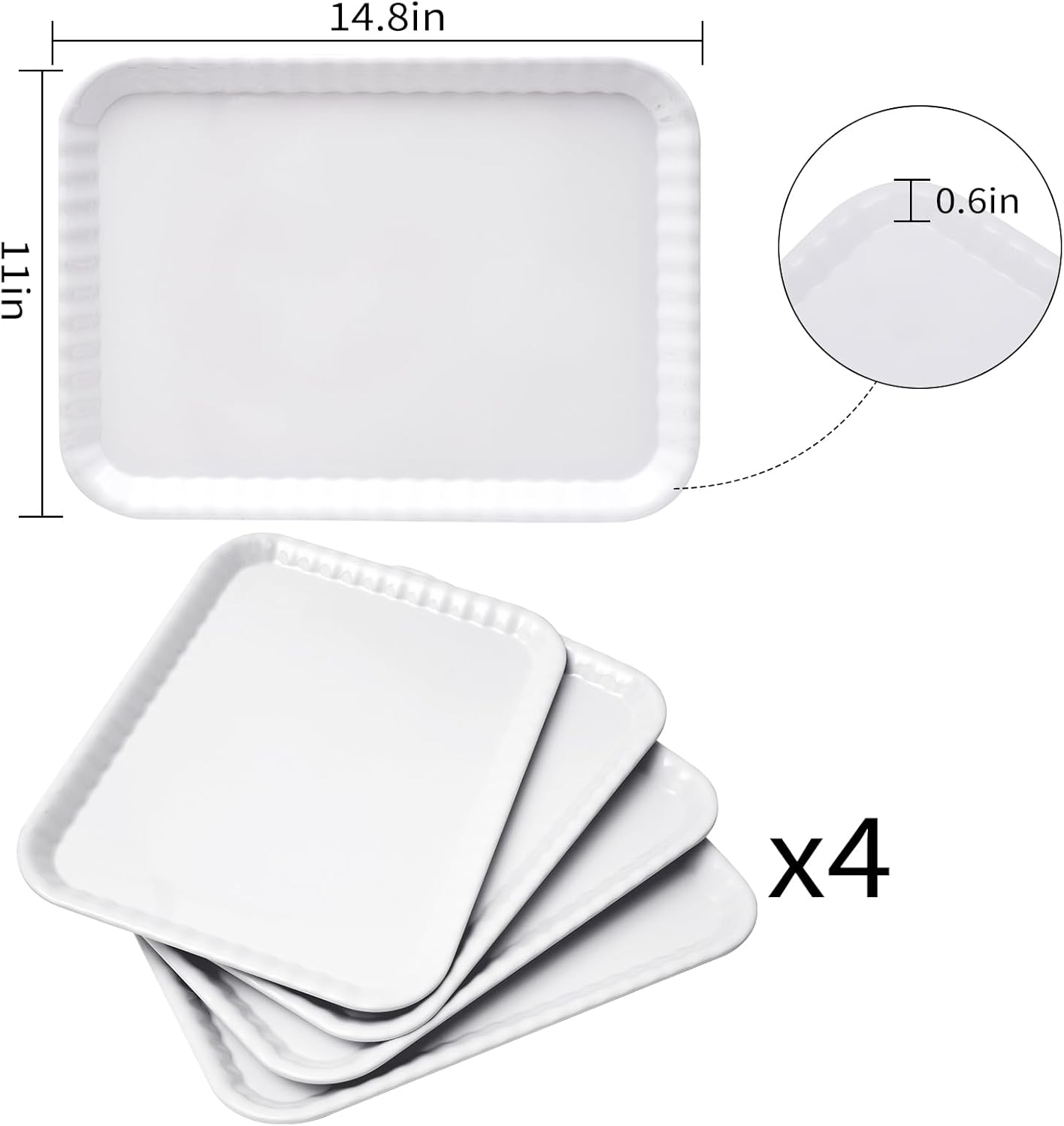 Blue Boat 15" x 11" Rectangular Serving Trays Set of 4 White, Melamine Serving Platter, Light Weight Easy to Clean Sturdy Stackable BPA-Free Dishwasher Safe