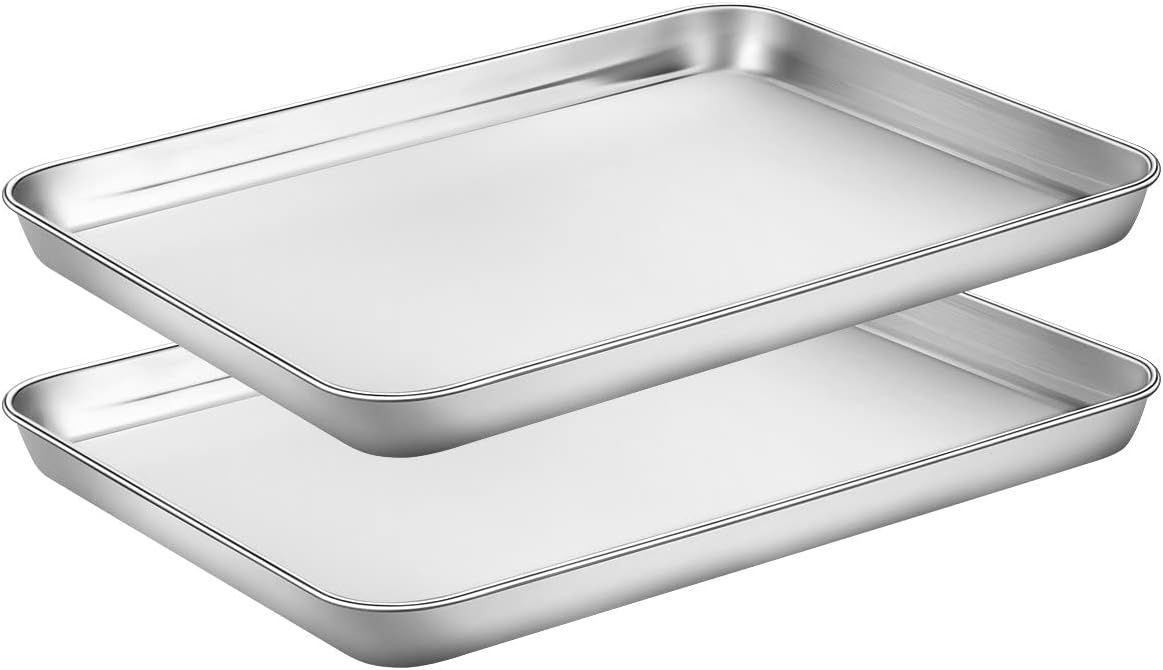 Baking Sheets Set of 2, HKJ Chef Cookie Sheets 2 Pieces & Stainless Steel Baking Pans & Toaster Oven Tray Pans, Rectangle Size 12.5Lx10Wx1H inch & Non Toxic & Healthy & Easy Clean