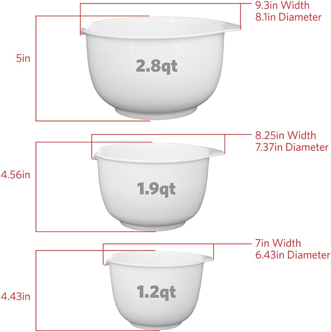 GLAD Mixing Bowls with Pour Spout, Set of 3 | Nesting Design Saves Space | Non-Slip, BPA Free, Dishwasher Safe Plastic | Kitchen Cooking and Baking Supplies, White