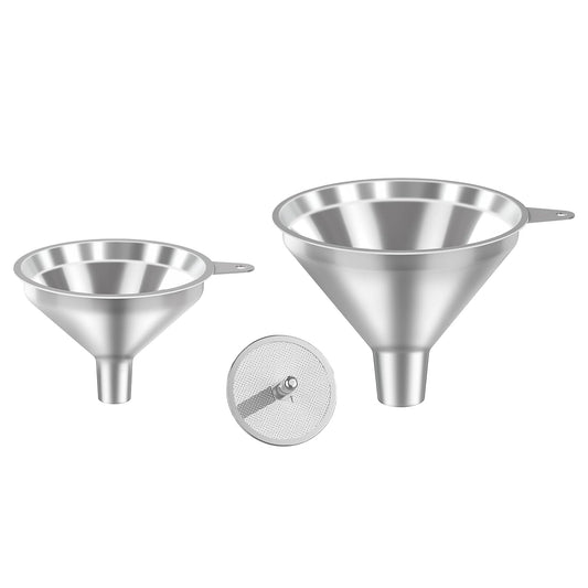 3-Piece Stainless Steel Kitchen Funnel Set for Kitchen Bottle Filling, 2 Funnel Sizes and 1 Strainer for Oils, Liquids, Fluids, Dry Ingredients and Powders, Durable, Washable