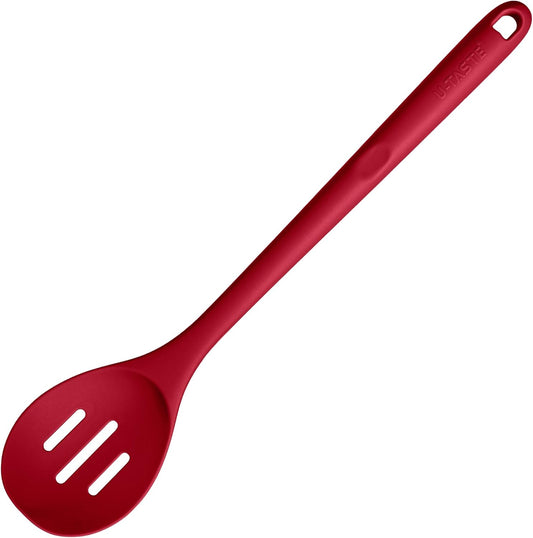 600ºF Heat Resistant Slotted Spoon: U-Taste 13.3in Solid Kitchen Cooking Spoon, Nonstick Food Grade Large & Long Rubber Utensil for Mixing, Serving, Stirring, Basting, Frying, Draining (Red)