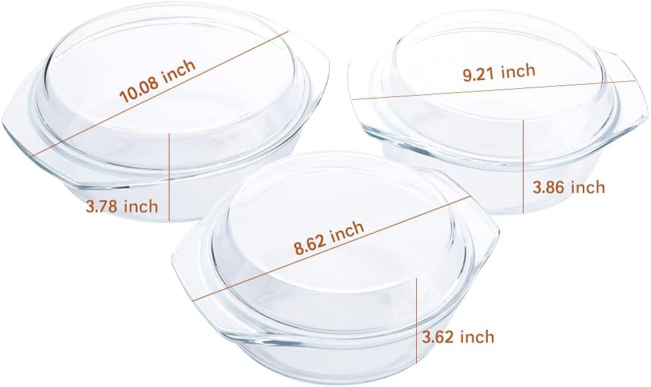 Set of 6 Pieces Round Tempered Glass Casserole Dish with Lids, Glass Casserole Baking Dish Set for Oven, Freezer and Dishwasher Safe - 1QT+1.5QT+1.8QT