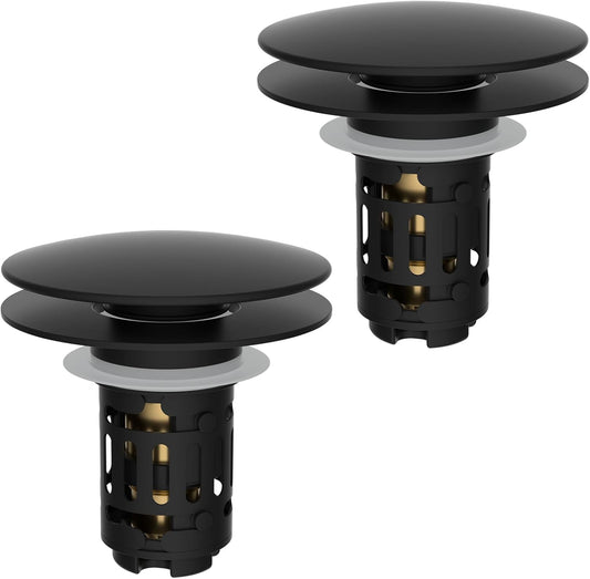 Hibbent 2 Pack Upgraded 3 in 1 Bathroom Sink Drain Strainer, Pop Up Sink Stopper with Big Push Cap, Anti-Clogging Metal Filter Basket,Sink Plug with Hair Catcher for 1.1''~2.36'' Basin, Matte Black