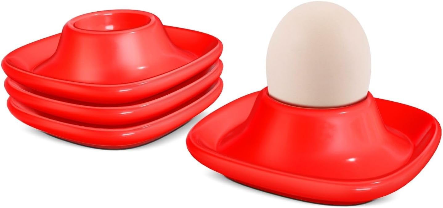 Flexzion Soft Boiled Egg Holder Set - 4-Piece Red Ceramic Egg Cup, Stackable Egg Coddler Cups with Base for Serving, Breakfast, Brunch - Kitchen Table Decor, Red