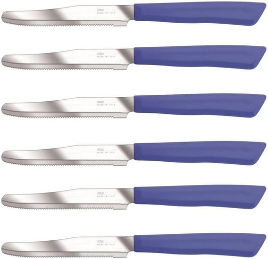 Tredoni 6 kitchen Knives - 4.3"/11cm Italian Stainless Steel Serrated Vegetable/Steak/Table Knife Cutlery, Rounded Tip (Blue)