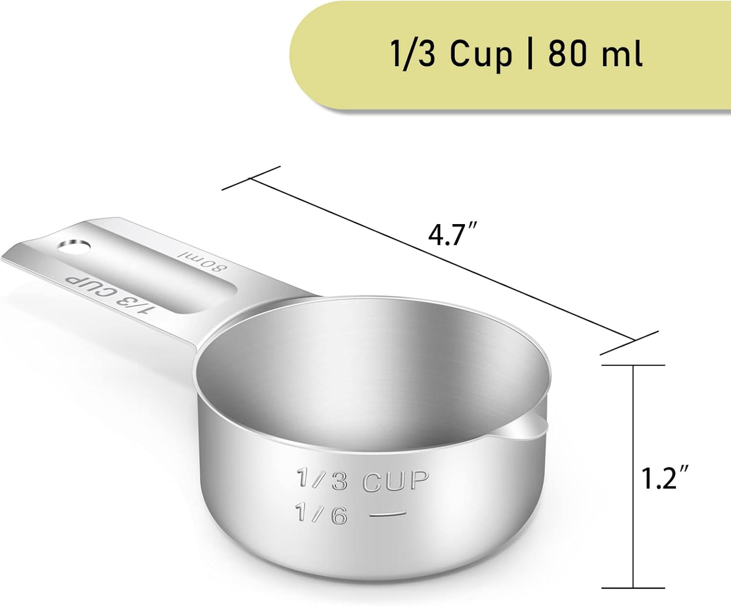 2PCS 1/3Cup (80ml, 2.7oz) Single Measuring Cup, Stainless Steel Measure Scoop, Metric and US Measurement, Dishwasher Safe