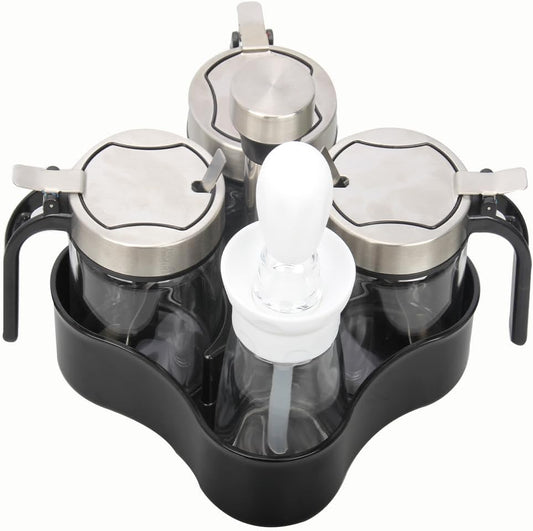 TINMIX Revolving Condiment Pots Sugar Bowl Salt & Pepper Cellar with Lid and Spoon, Set of 4 Seasoning Box Spice Jar with 360 Rotating Tray for Kitchen, 3 Pots+1 Oil Dispenser