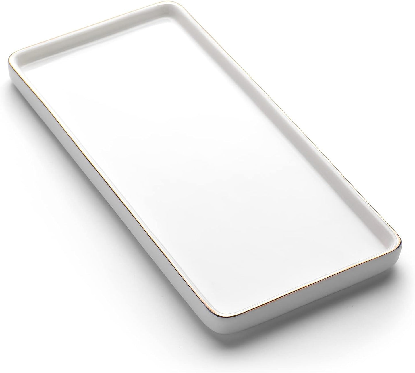 Gurygo 8" Bathroom Tray, Ceramic Vanity Trays for Bathroom, Small Ceramic Trays, Kitchen Soap Tray for Kitchen Counter (White with Gold-Edged, 8",Set/1)