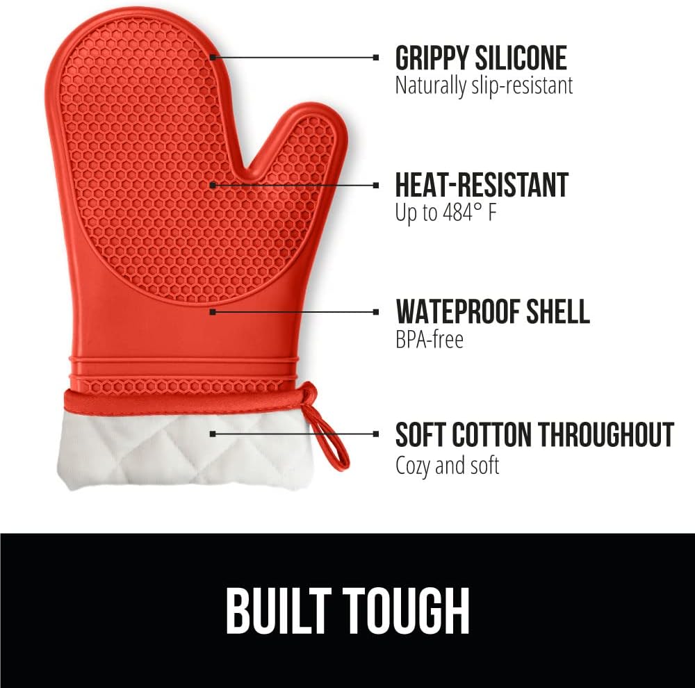 GORILLA GRIP BPA-Free Soft Silicone Oven Mitts, 14.5x8.3, Heat Resistant and Waterproof Cooking Gloves, Thick Cotton Lining, Flexible Gripping for Baking Grilling, Kitchen Potholders Set of 2, Coral