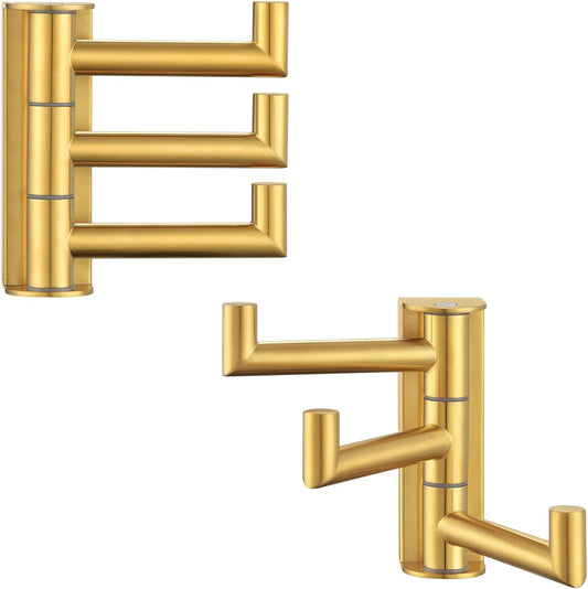 Suyar Bathroom Towel Hook Brushed Gold, SUS 304 Stainless Steel Swivel Coat Robe Holder 3 Foldable Arms, Rotating Wall Hook, 2 Pack