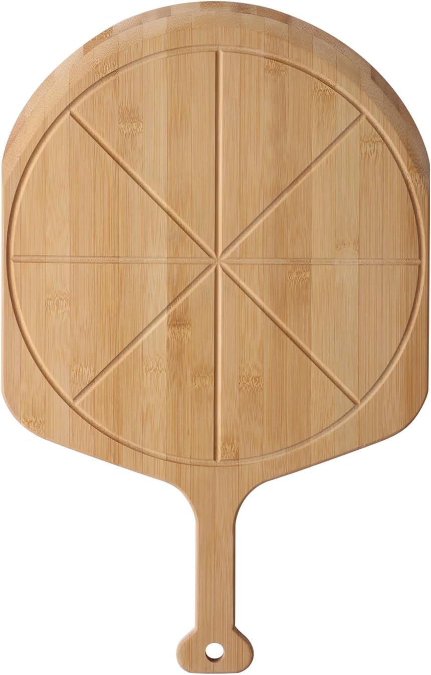 18” Bamboo Pizza Peel - Lightweight Smooth Wooden Pizza Paddle and Pizza Cutting Board with 8 Slice Grooves, Outdoor Pizza Oven Accessories, 25.6 Inch x 18 Inch