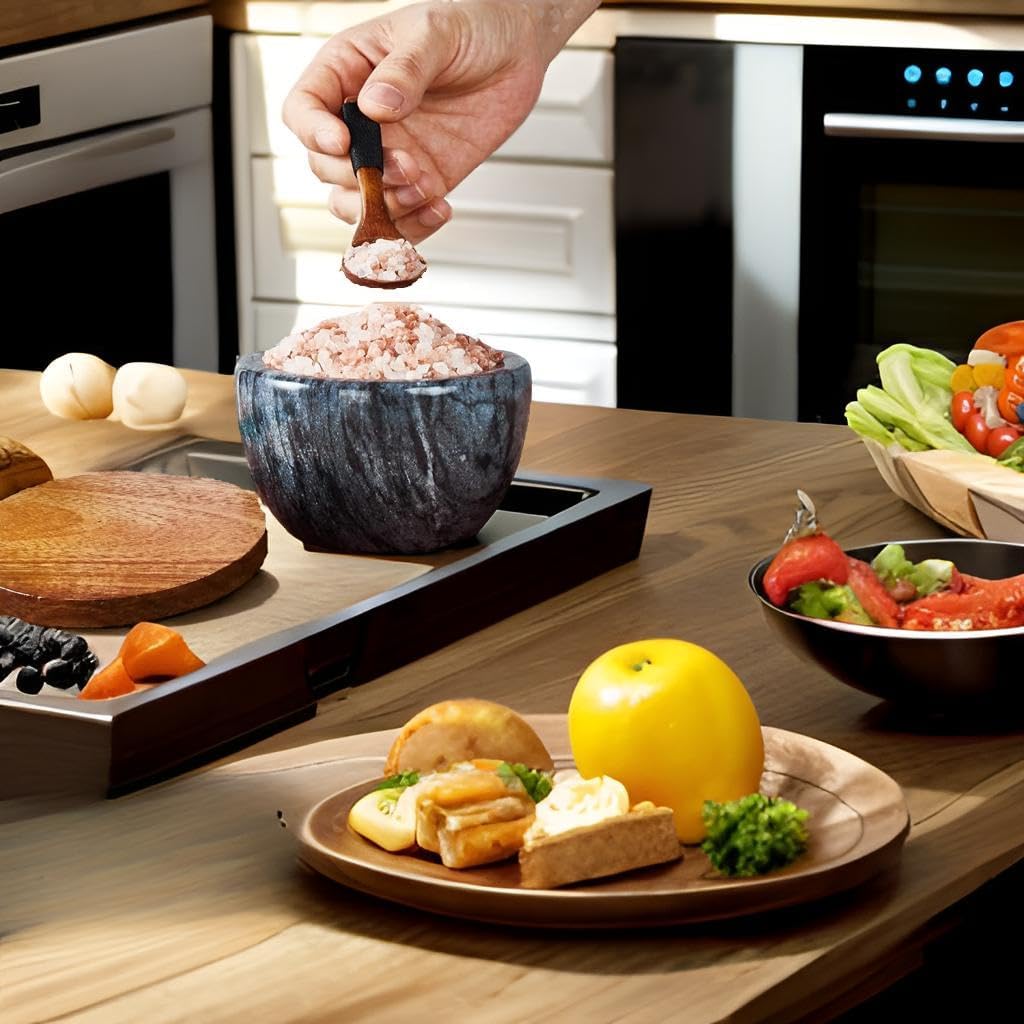 Marble Salt Cellar with Wood Lid, Natural Stone Salt box, Spice Bowl Salt Holder, Seasoning Keeper Pepper Jar, Salt Container for Countertop Kitchen