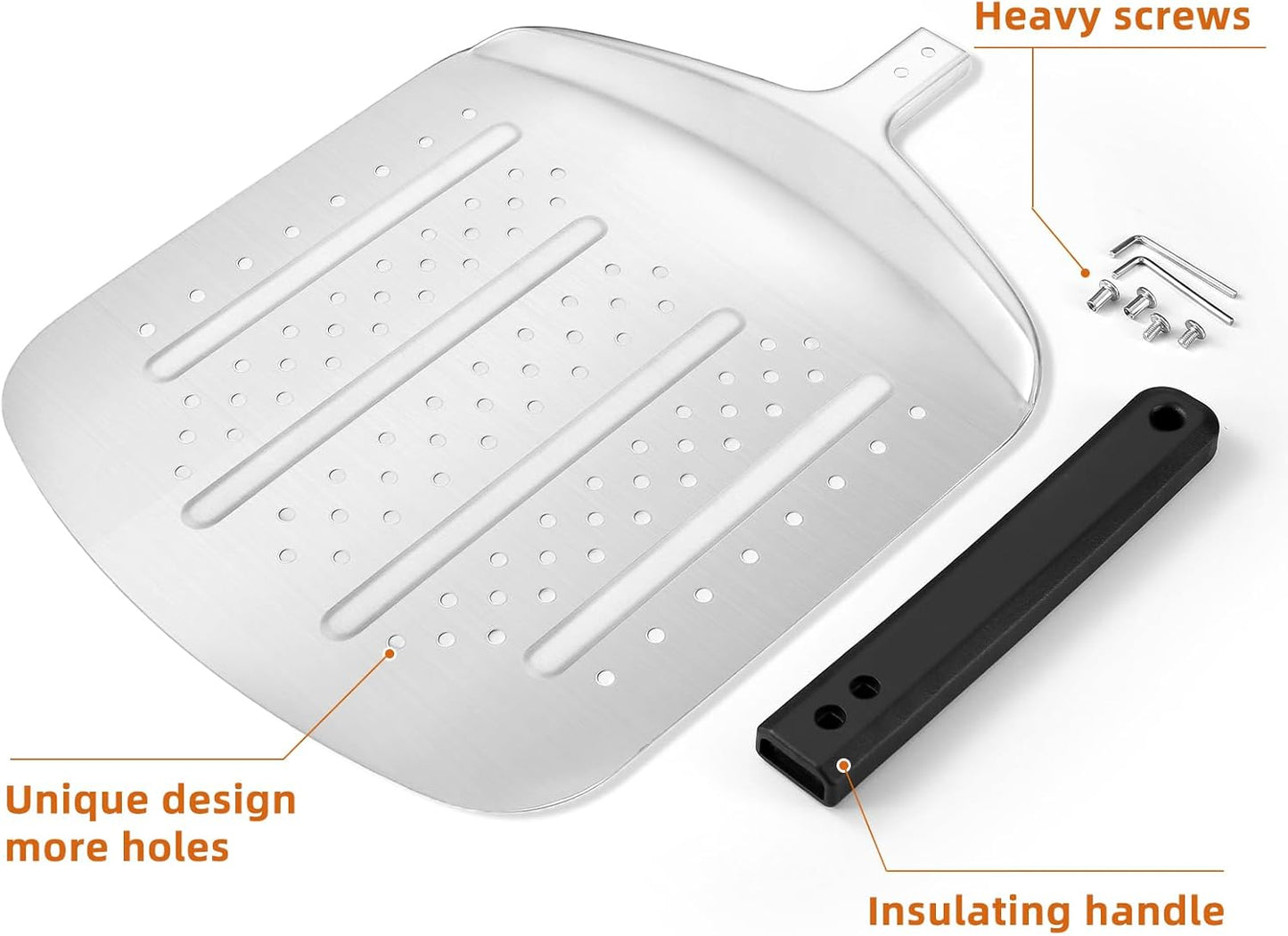 MANJIA Perforated Pizza Peel – 12 inch Aluminum Pizza Paddle with Rocker Cutter Storage Bag – Lightweight Nonstick Metal Pizza Paddle Set for Homemade Baking Pizza Oven & Stone (silver)