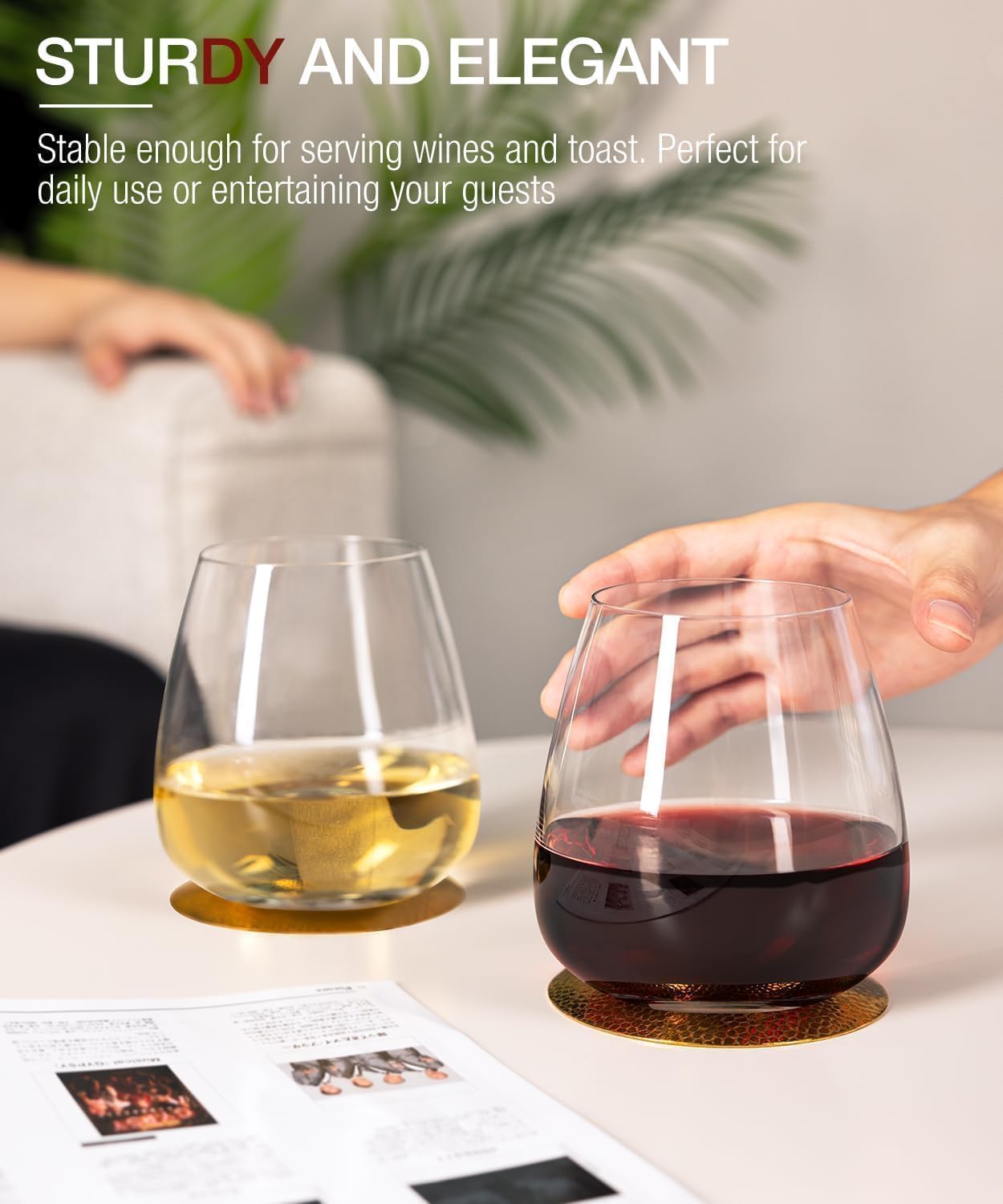 LUNA & MANTHA Stemless Wine Glasses Set of 6, 14.5oz Red White Wine Glass,Premium Hand Blown Crystal Glasses for Daily Use and Special Days, Perfect Gifts for Men and Women