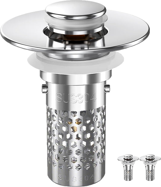 Sink Stopper Hair Catcher, Pop-up Sink Drain Strainer with Removable Stainless Steel Strainer Basket Hair Catcher, Bathroom Sink Strainer for Bathroom Sink Stopper Replacement (New-2PCS)