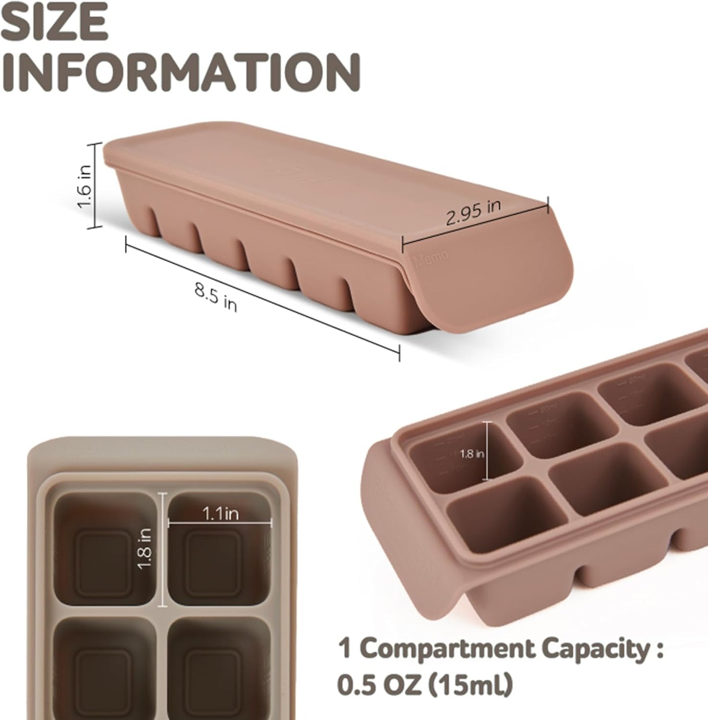 Silicone Freezer Trays with Lid,2ea 0.7oz 12 Cube-Leak Proof Silicone Freezer molds for Homemade Baby Food Breastmilk, Purees, Vegetables, Fruit, Baby Food Jars Ice Tray with Lid BPA Free Brown